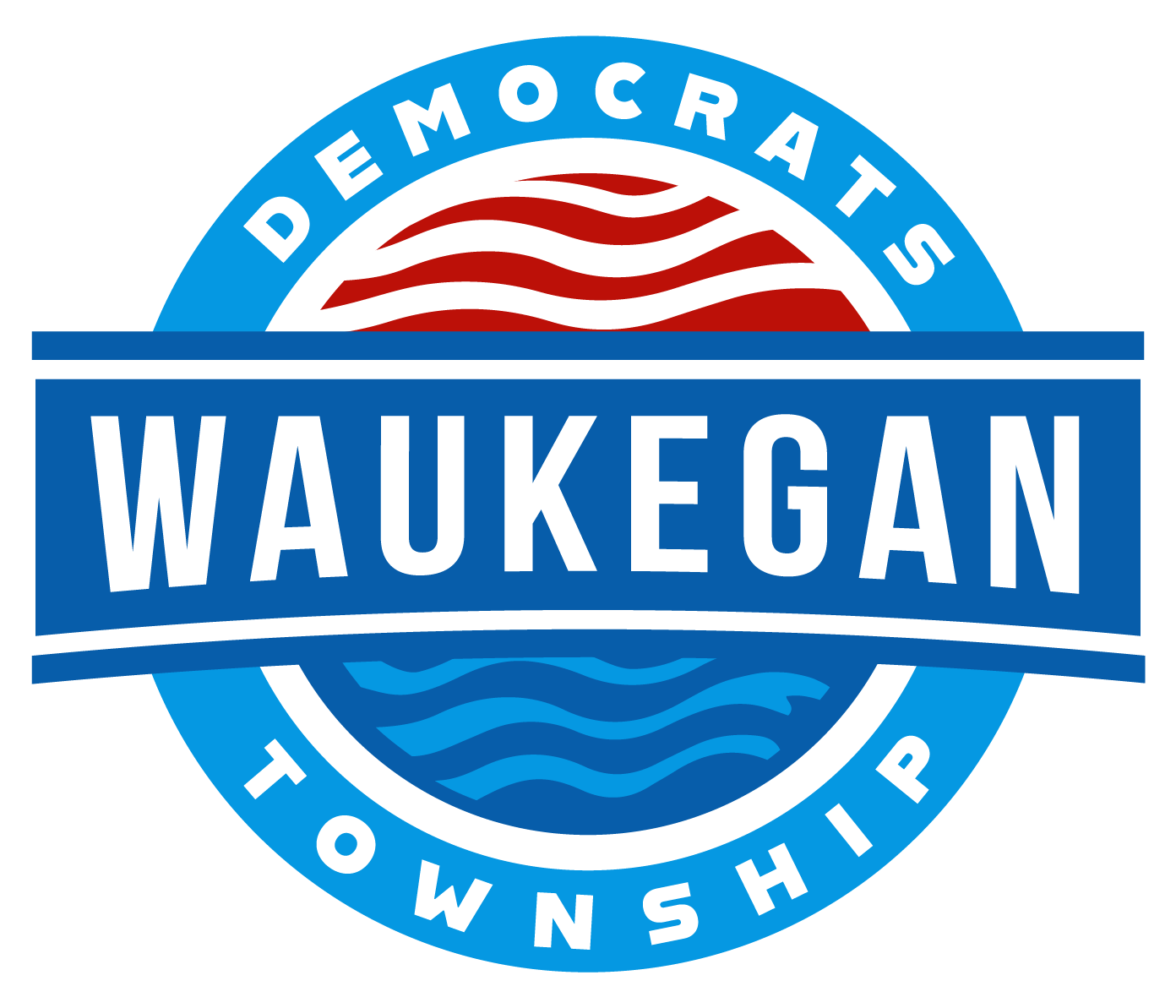 Waukegan Township Democrats Logo. A circular graphic with the word Waukegan sandwiched between a styalized flag on top and styalized waves below.